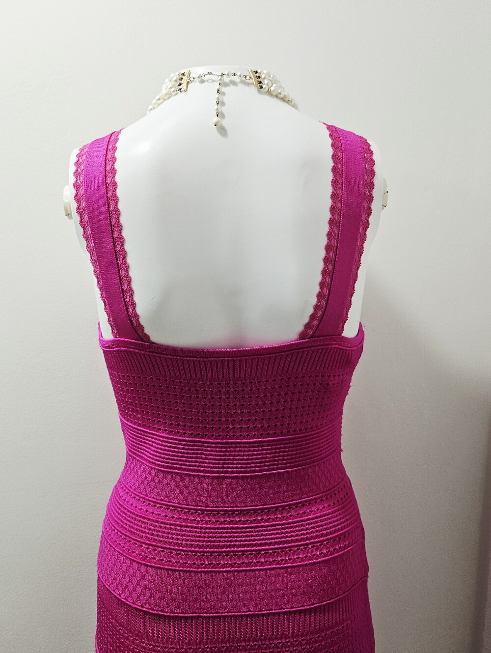 BEBE Hot Pink Pointelle Knit Lace Trim Bandage Bodycon Dress XS - Picture 6 of 12